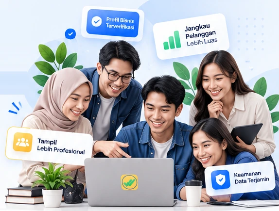 Tim muda berdiskusi di depan laptop Resmi.ID, dikelilingi label Profil Bisnis Terverifikasi, Jangkau Pelanggan Lebih Luas, Tampil Lebih Profesional, dan Keamanan Data Terjamin.
