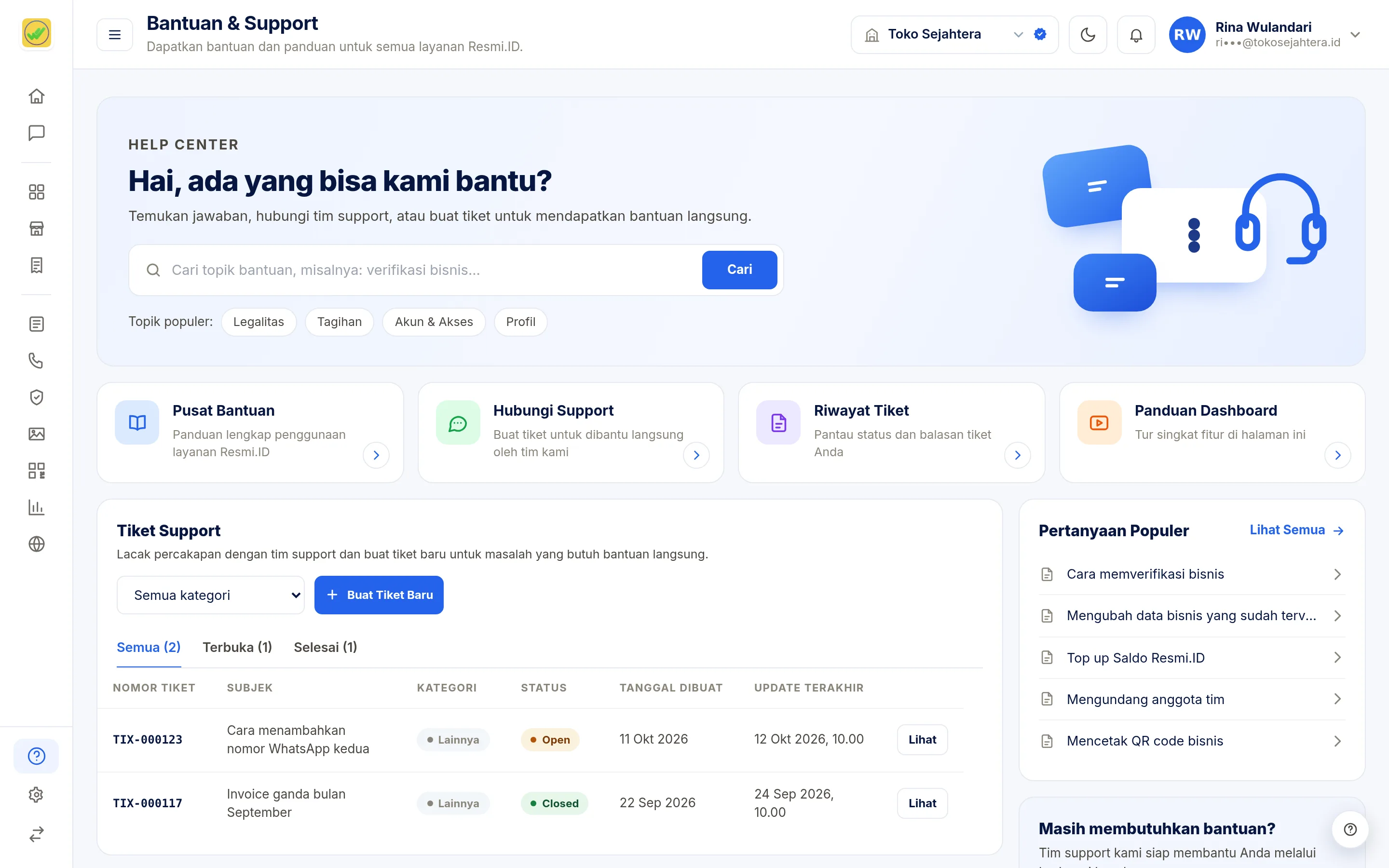 Tangkapan layar halaman Bantuan & Support