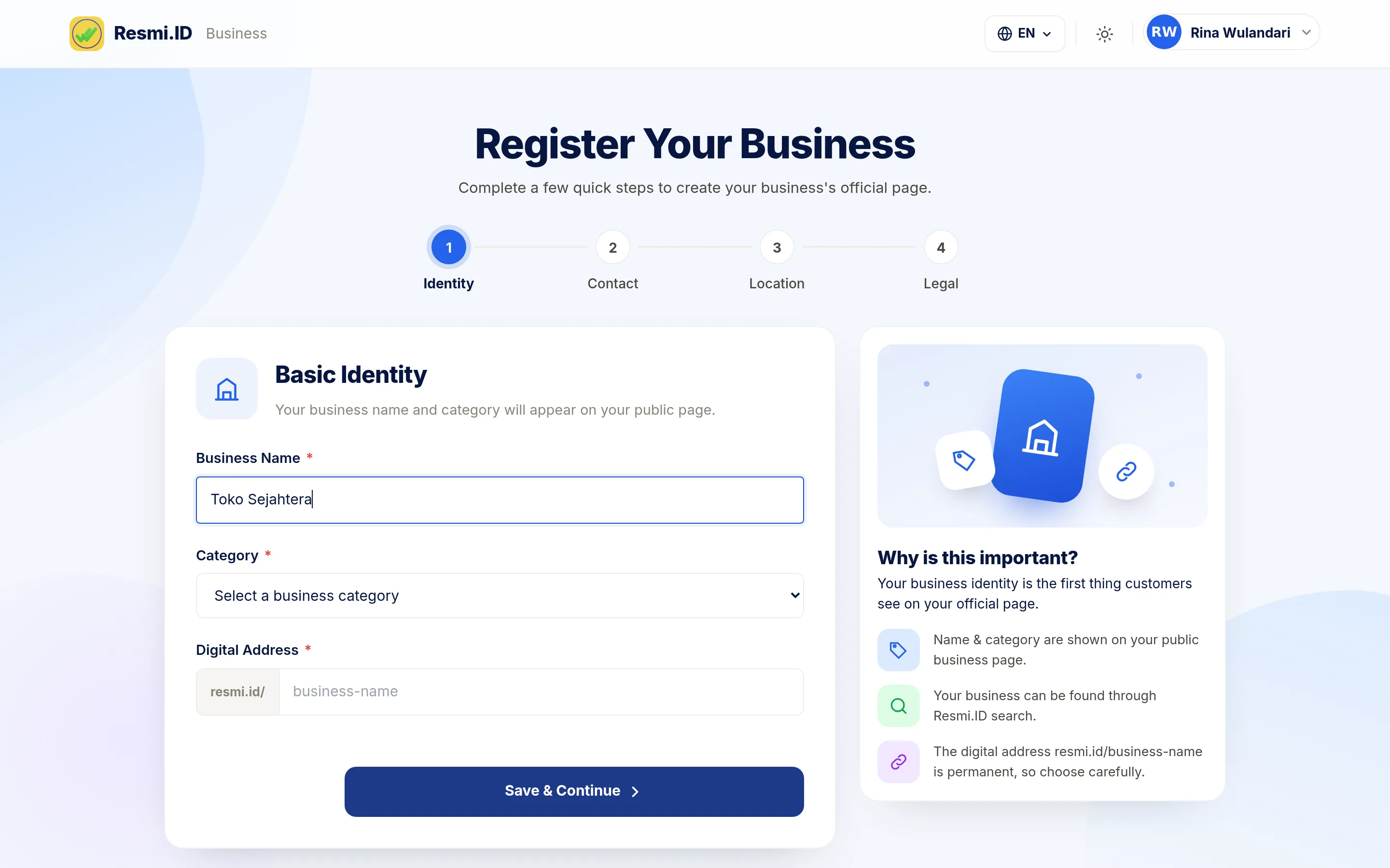 Screenshot of the page Getting Started: Sign In & Pick a Business — Register a new business