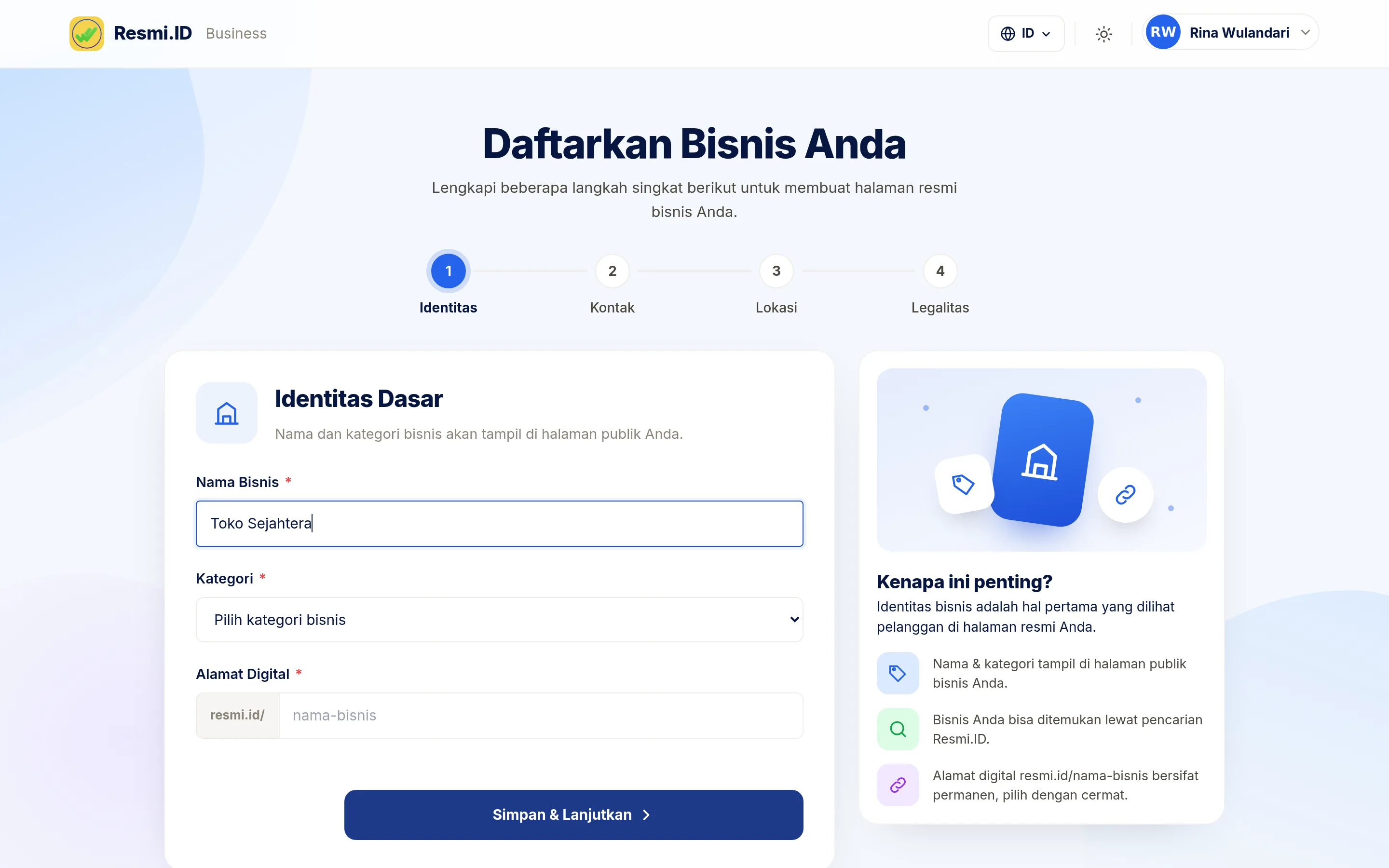 Tangkapan layar halaman Memulai: Masuk & Pilih Bisnis — Daftarkan bisnis baru