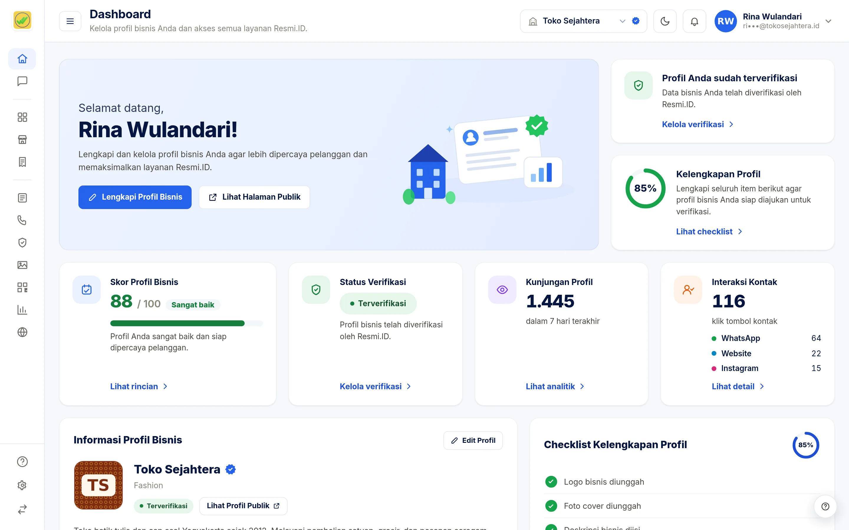 Tangkapan layar halaman Dashboard — Kartu ringkasan