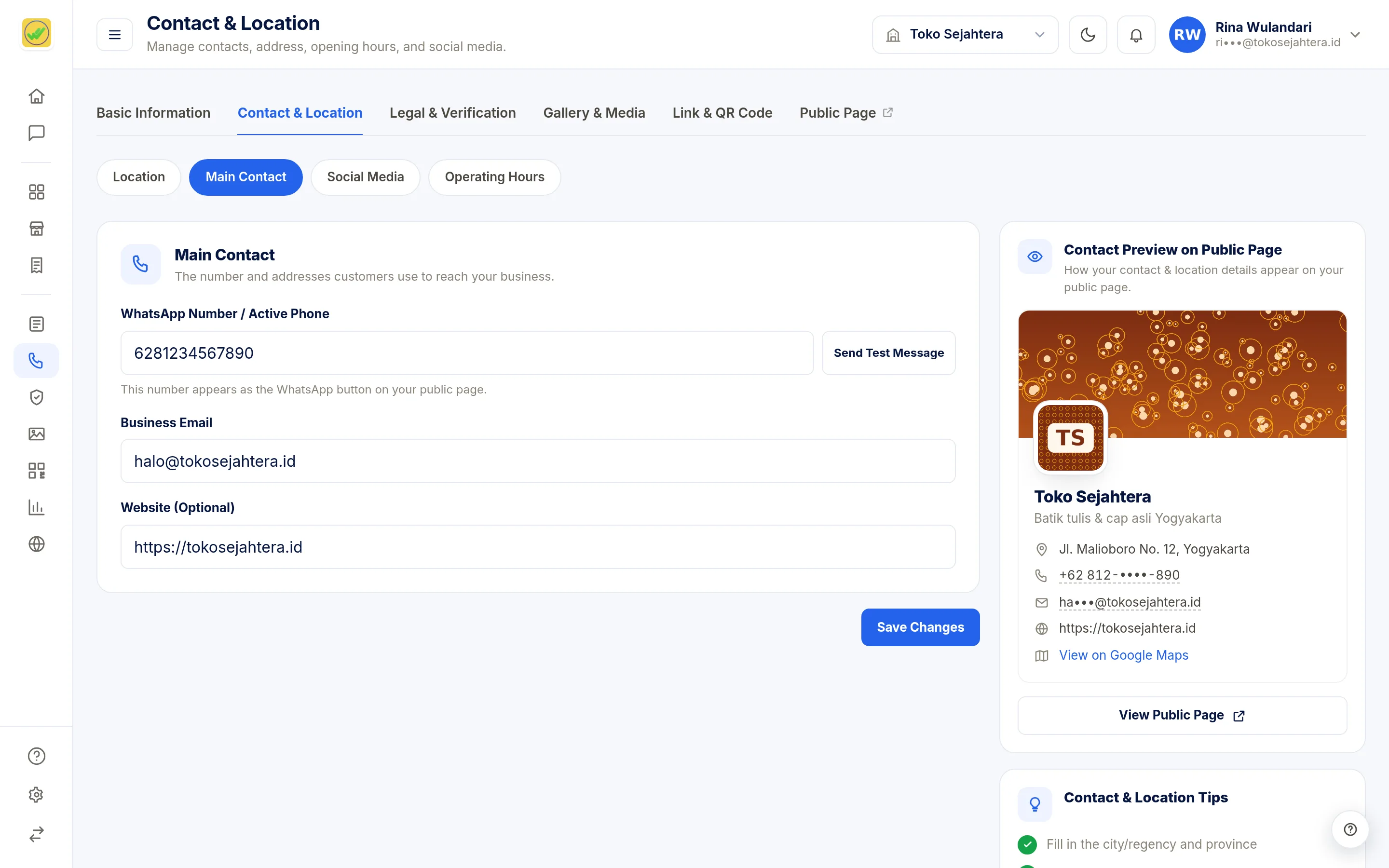 Screenshot of the page Contact & Location: Contacts & Social Media — Main Contact