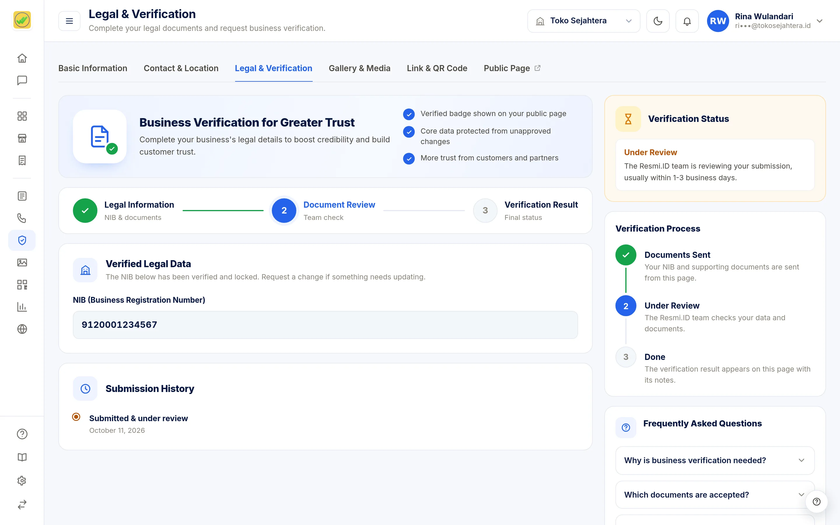 Screenshot of the page Legal & Verification — Under review