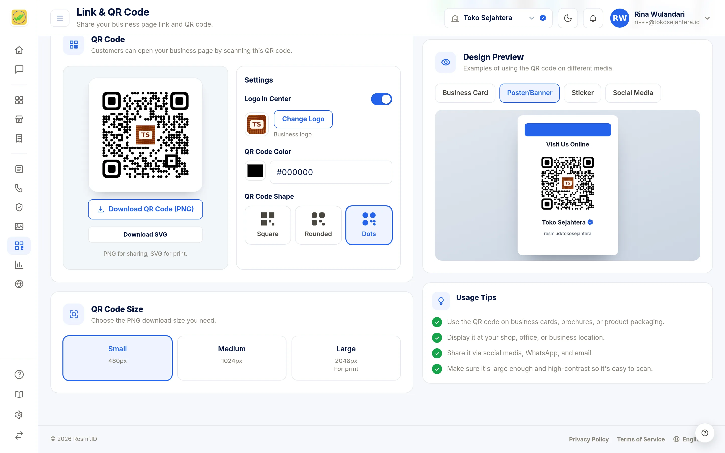 Screenshot of the page Link & QR Code — Poster preview