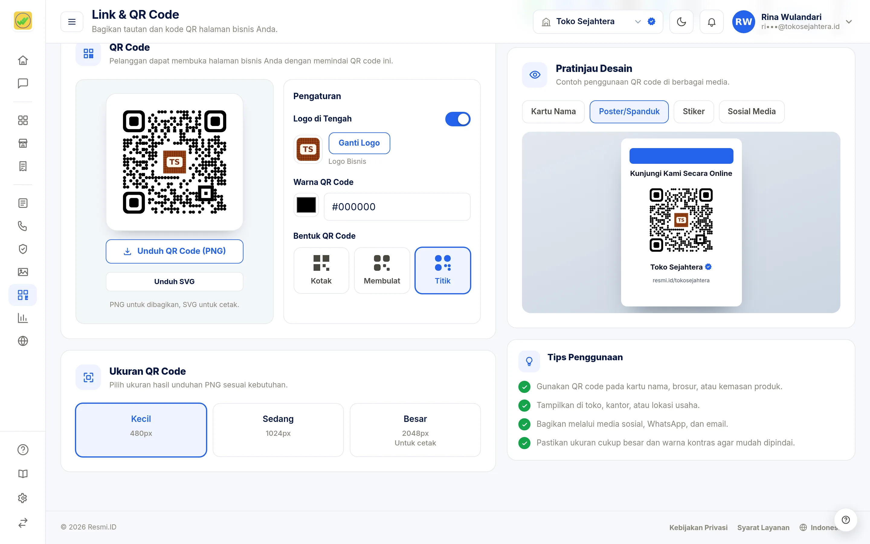 Tangkapan layar halaman Link & QR Code — Pratinjau poster