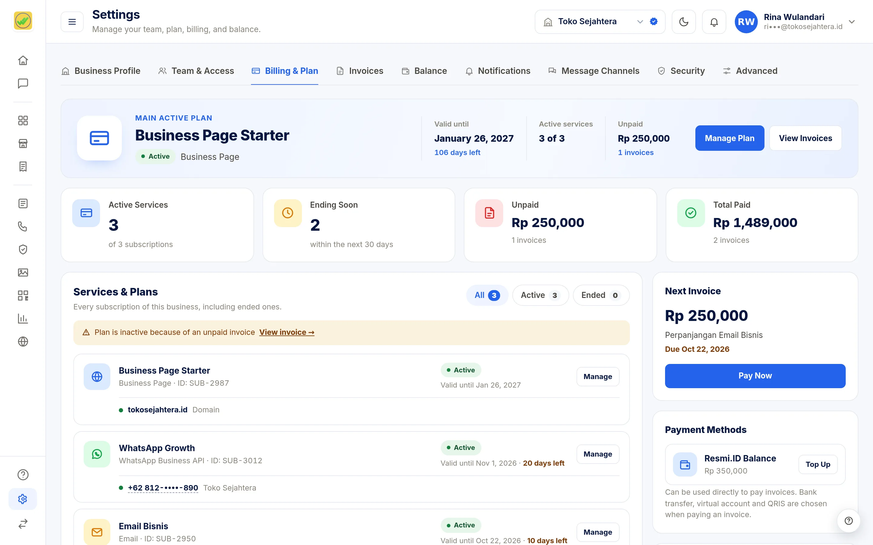 Screenshot of the page Settings: Billing & Plan