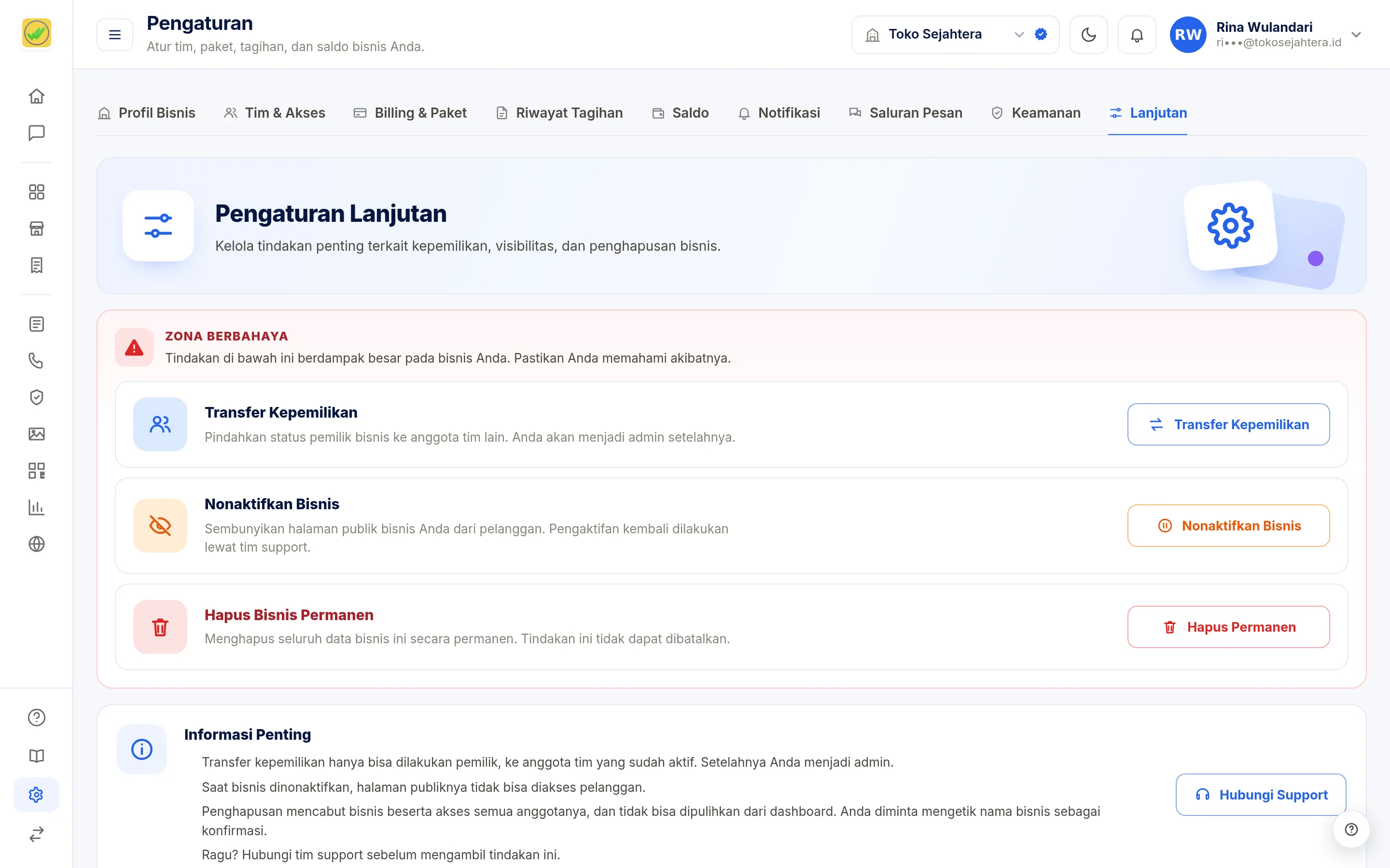 Tangkapan layar halaman Pengaturan: Keamanan & Lanjutan