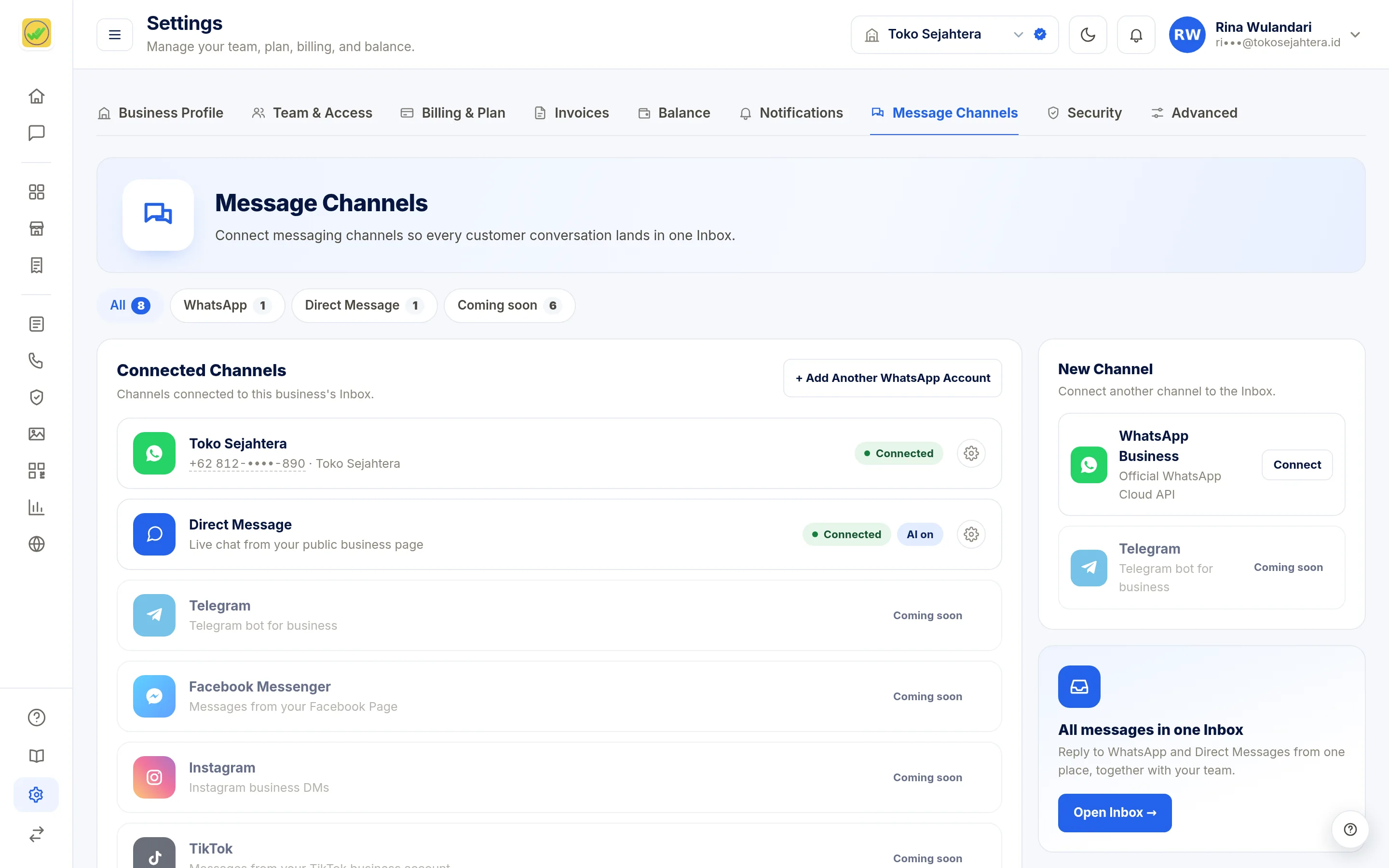 Screenshot of the page Settings: Message Channels — Connected channels