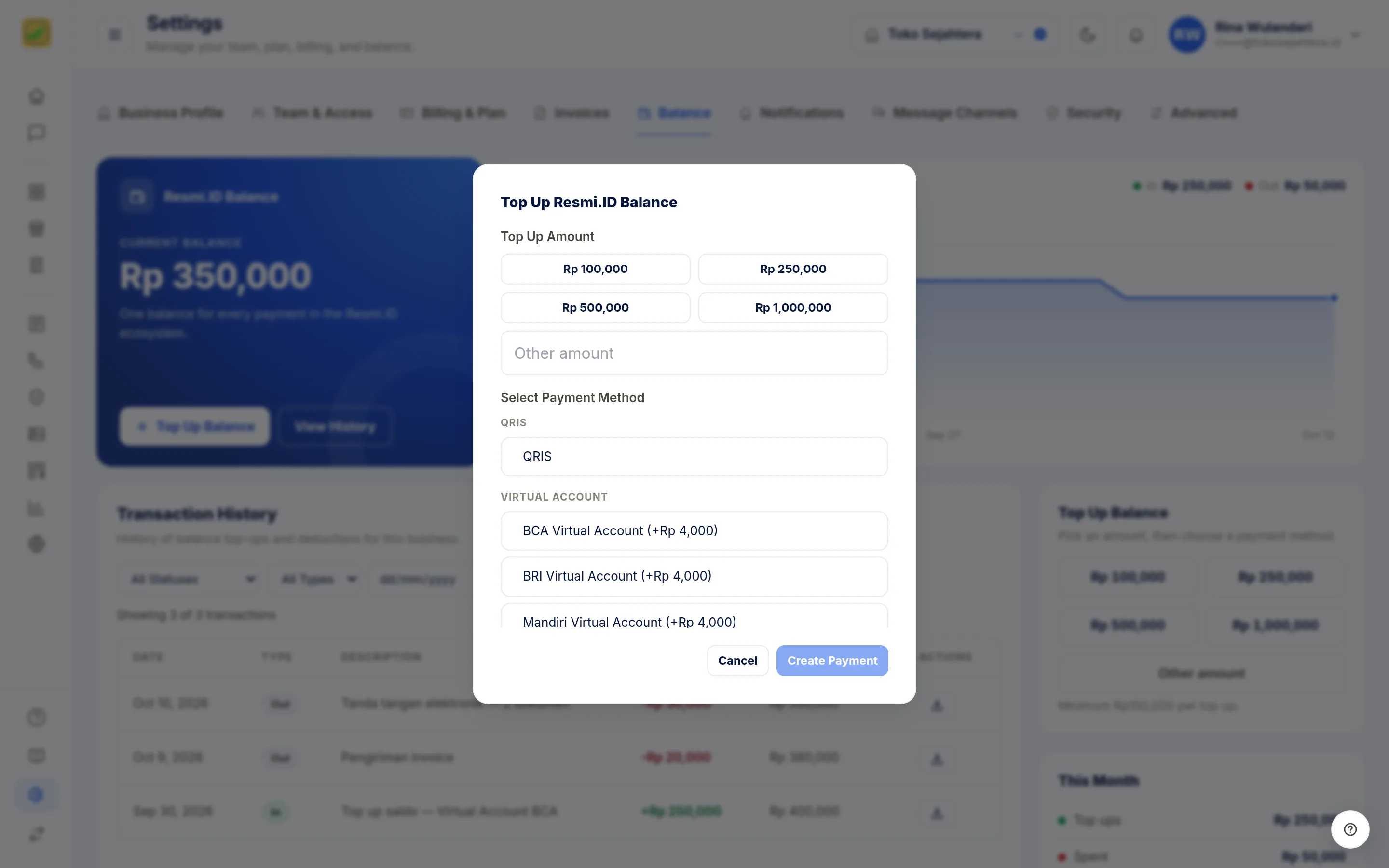 Screenshot of the page Settings: Balance — Top up balance