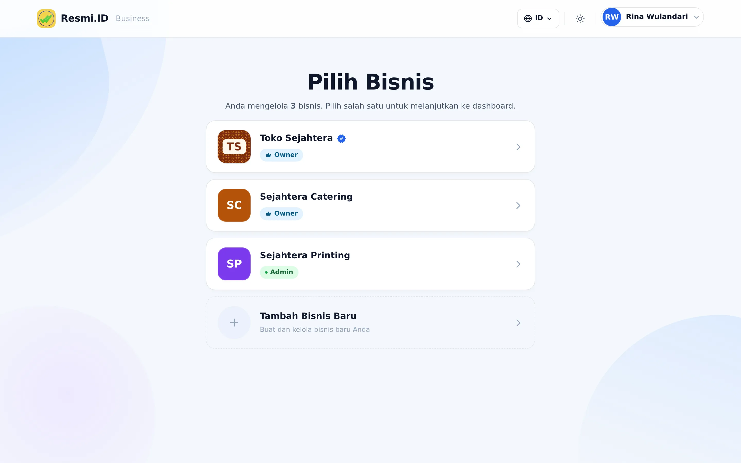 Tangkapan layar halaman Memulai: Masuk & Pilih Bisnis — Pilih bisnis