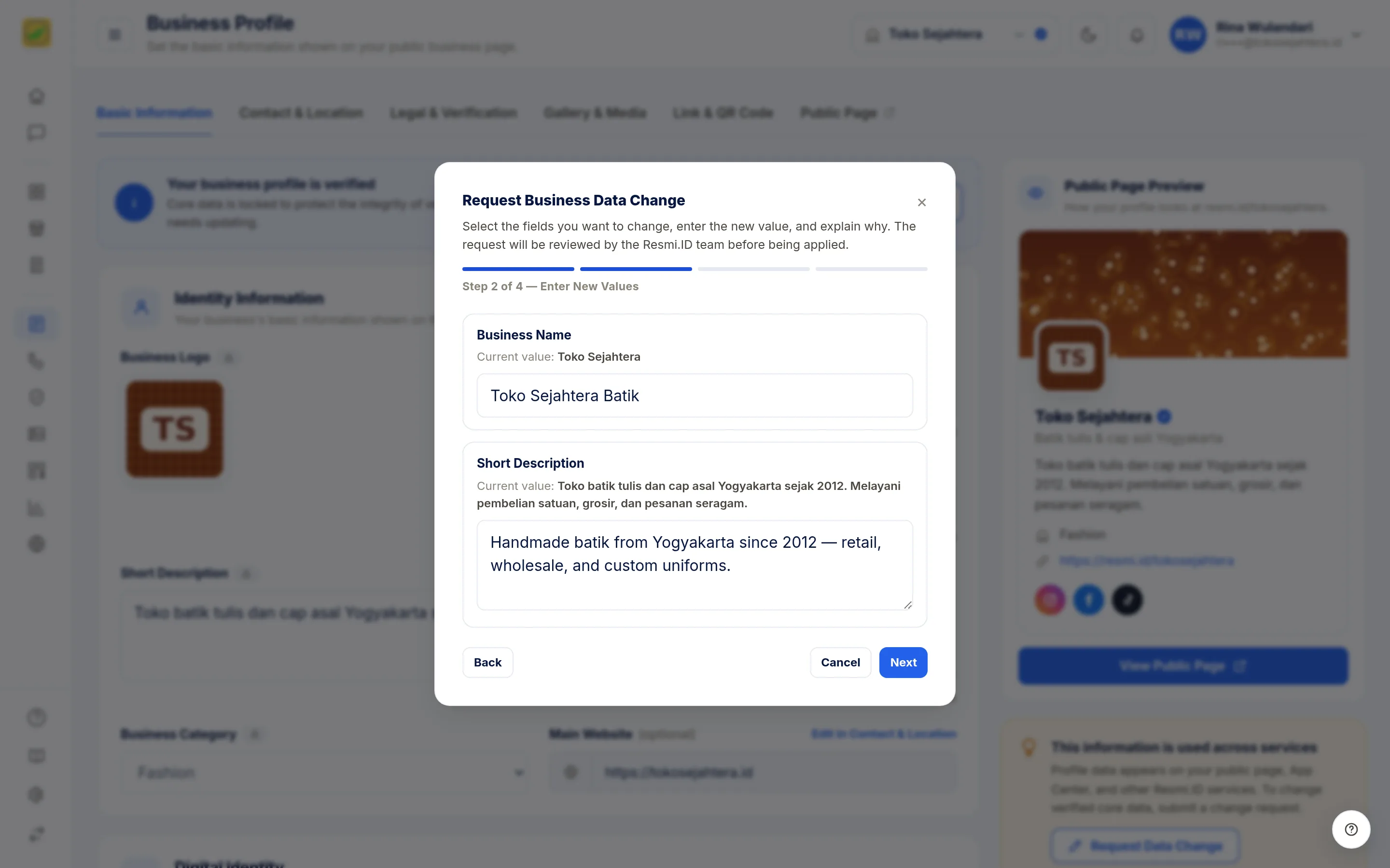 Screenshot of the page Request Data Change — Step 2 · New values