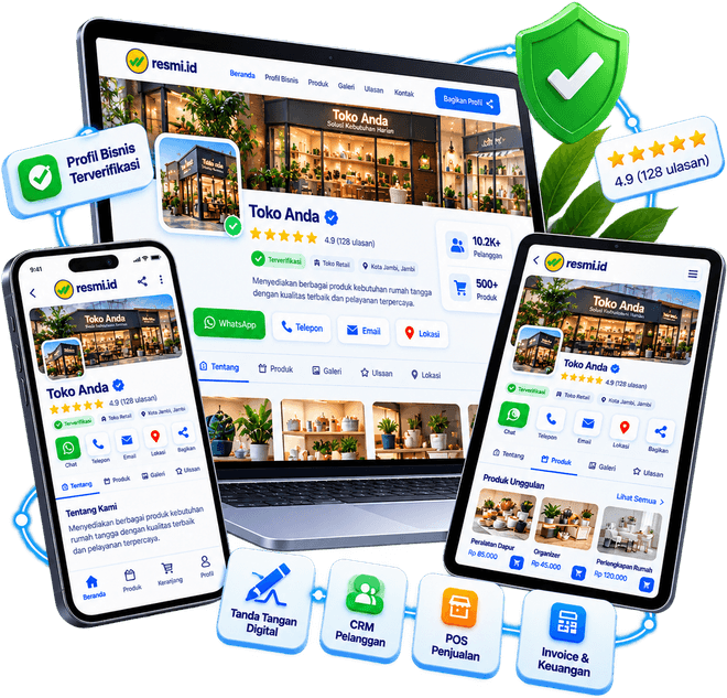 Halaman bisnis Resmi.ID tampil di ponsel, laptop, dan tablet: profil Toko Anda yang terverifikasi dengan ulasan, tombol WhatsApp, produk, serta fitur tanda tangan digital, CRM, POS, dan invoice.