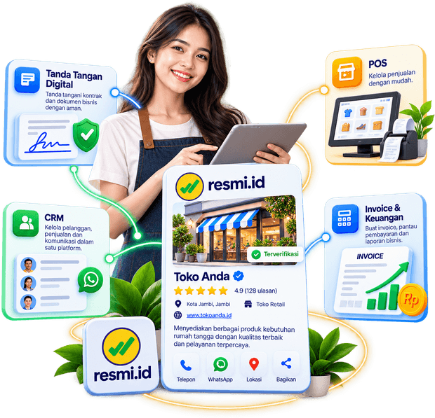 Pemilik usaha memegang tablet, dikelilingi halaman profil bisnis terverifikasi Resmi.ID beserta fitur tanda tangan digital, CRM, POS, serta invoice dan keuangan.