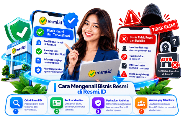 Cara mengenali bisnis resmi di Resmi.ID: profil terverifikasi dengan identitas jelas dan informasi transparan, dibandingkan bisnis tidak resmi yang identitasnya kabur dan tidak terdaftar.